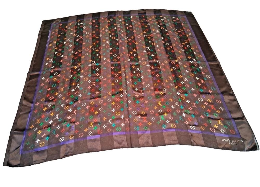 Louis Vuitton Multicolor Monogram Oversized Silk Scarf 38x39 Brown Purple LV